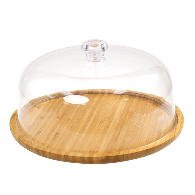 KVMORZE Acrylic Dessert Plate with Base, Bamboo Cake Tray with Clear Acrylic Cover, Cake Fruit Display Server Tray for Kitchen/Birthday/ Wedding/ Appetizer Dessert (Round)