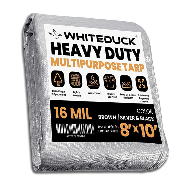 WHITEDUCK 8' x 10' Super Heavy Duty Poly Tarp Cover Thick 16 Mil, Waterproof, UV Resistant, Rot/Rip/Tear Proof Tarpaulin (Finished Size: 7'6" x 9'6", Black & Silver)