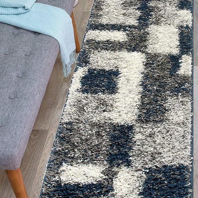 Rugshop Distressed Modern Boxes Plush Shag Runner Rug 2' x 7' Navy