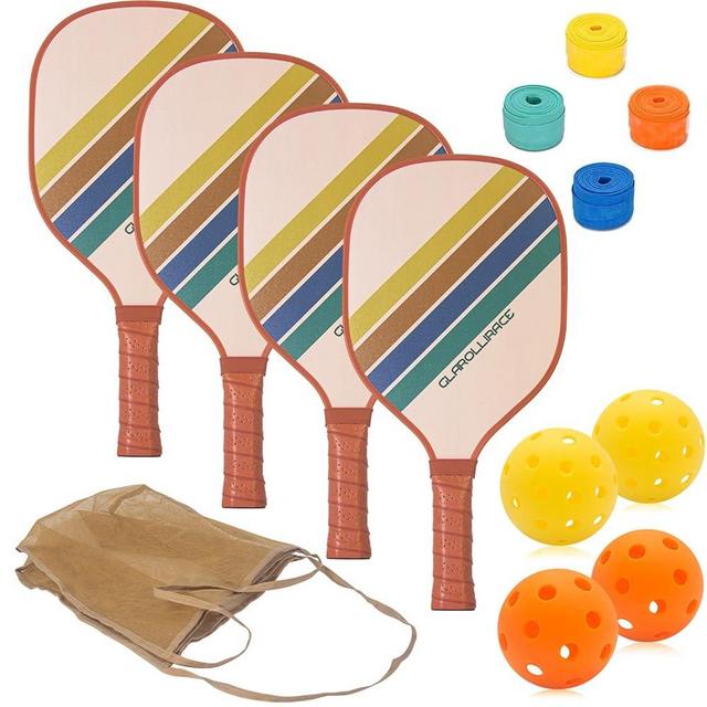 GLAROLLIRACE Pickleball Paddles Set of 2 Fiberglass Pickle Ball Paddles/Pickleball Set of 4 Wood Paddles,Retro Cute Pickle Ball Rackets 2 Pack,2 Indoor and 2 Outdoor Pickleball Balls,1 Pickleball Bag