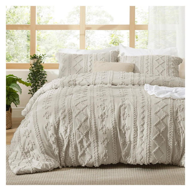 3Pcs Tufted Boho Farmhouse Shabby Chic Embroidery Linen Queen Size Comforter Set - Bedsure