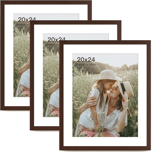 Momentworth 20x24 Picture Frame with Mat for 16x20 Set of 3, Dark Brown Wood Grain 20x24 Frame for Wall Mounting (3 Pack, Walnut)