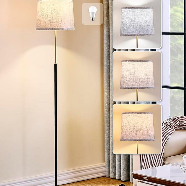 Hikczc 60" Modern Floor Lamp for Living Room Bedroom, Standing Lamp with Oatmeal Linen Lampshade, Tall Lamp with A19 9W 3 Color Temperature Bulb, Foot Switch Control, Black & Gold