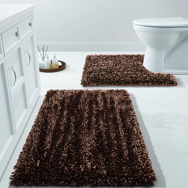 Yimobra Bathroom Rugs Sets 2 Piece, Luxury Shaggy Extra Thick Bathroom Rugs, Plush Non-Slip Mats for Bath Room Floor, U-Shaped Toilet Mat, Ultra Absorbent, 31.5 x 19.8 + 24.4 x 20.4 Inches,Brown
