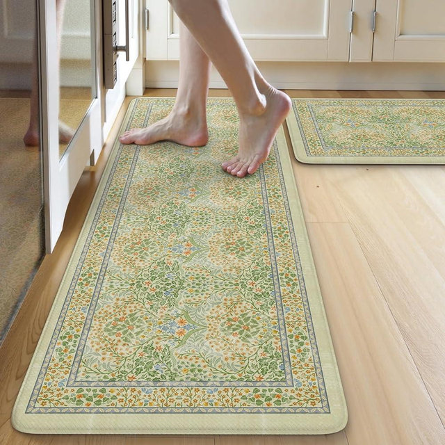 Collive Anti Fatigue Mats for Kitchen Floor, Waterproof Non Skid Kitchen Rugs Sets of 2 Vintage Floral Desk Rug, Foam Comfort Standing Mat for Office, Sink, Laundry, Light Green