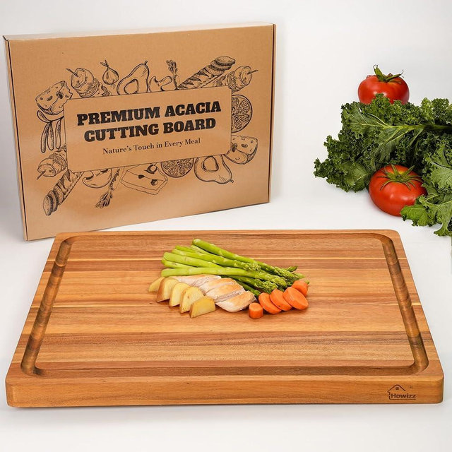 Howizz Acacia Wood Cutting Board, Thick Edge Grain Butcher Block, 24"x18"x1" Pre-Oiled Carving Tray w/Juice Grooves & Handles, Gift-Ready Box