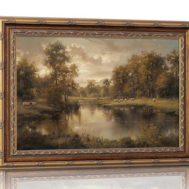 Vintage Gold Framed Landscape Wall Art Vintage River Painting Canvas Prints Landscape Wall Decor Countryside Sheep Painting Style Poster Print Artwork for Living Room Bedroom Home Decoration