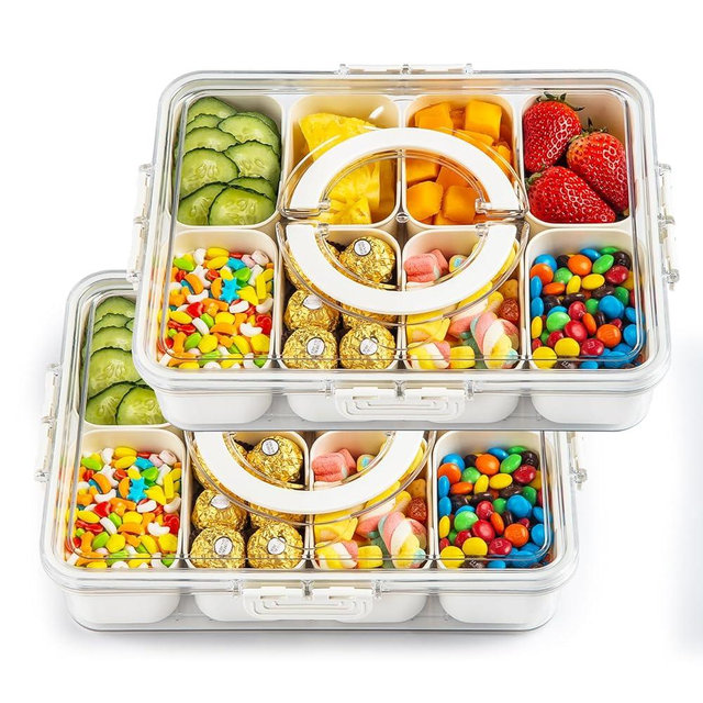 Divided Serving Tray Fresh-keeping Box with Lid&Handle，8 Compartments Snackle Box Charcuterie Container,Snack Box Container for Adults,Travel Snack Tray with Lid for Fruit,Vegetable,Candy,（2 Pack）