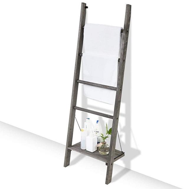 MyGift Vintage Gray Solid Wood Wall Leaning Towel or Blanket Ladder Hanging Display Rack with Bottom Storage Shelf