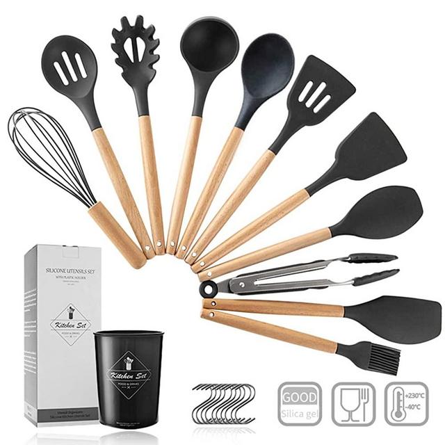 Pahajim 12PCS Silicone Cooking Kitchen Utensils Set with Holder, Silicone Utensil Set for Cooking with Wooden Handle BPA Free Non Toxic Nonstick Cookware (Black)