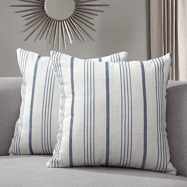 Sunlit Decorative Throw Pillow Case Cushion Cover, Modern Accent Square Pillow Cover, 18" x 18", Set of 2 Off White with Blue Stripes Textured Linen Throw Pillow Case for Sofa Couch Chair Bedroom
