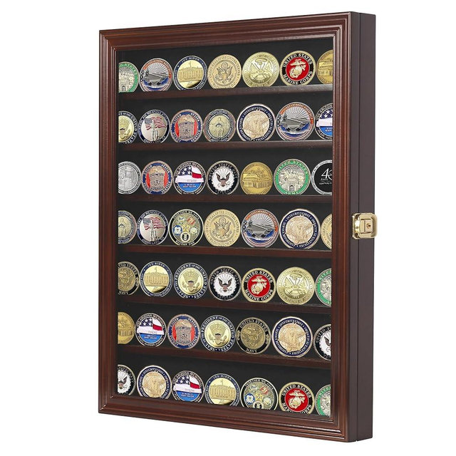 Military Challenge Coin Display Case Lockable Cabinet Rack Holder Mahogany Finish Shadow Box with Removable 2 Grooves Shelves and Anti Fade Real Glass Door