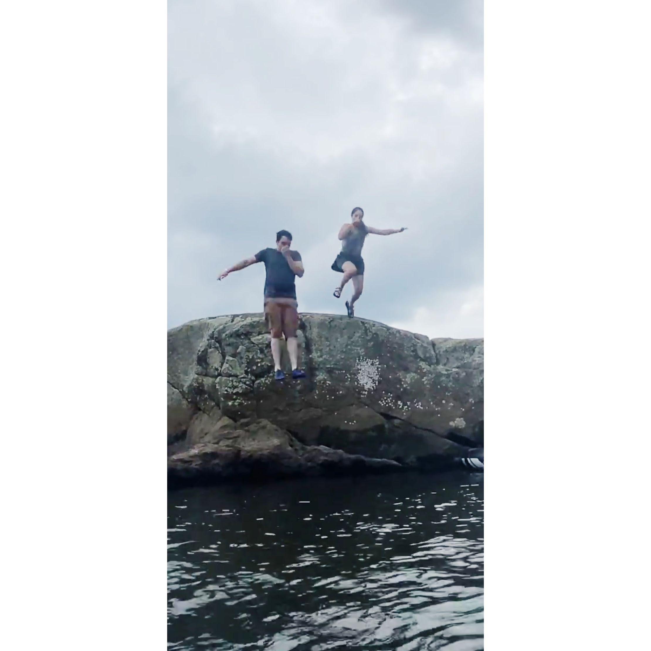 After a lot of convincing, Veronica finally jumped off the rock...