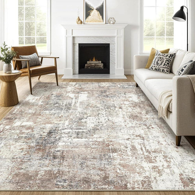 9x12 Area Rug Washable Rugs: Living Room Large Soft Abstract Modern Stain Resistant Indoor Floor Low Pile Machine Washable Accent Carpet Under King Queen Bed for Bedroom Nursery Office- Brown