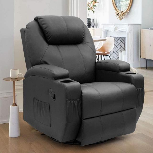 JUMMICO Recliner Chair Massage and Heating Living Room Chair, Rocking and 360° Swivel Home Leather Sofa with 2 Cup Holders and Side Pockets (Black)