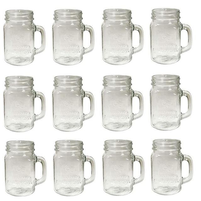 Sunshine Mason Co. Mason Jar Glass Mugs with Handles Pint Size (16 ounce, 473 mL) Regular Mouth 12 Pieces