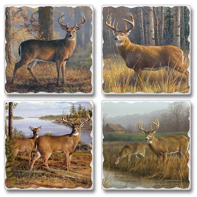 Thirstystone Deer Legends Multi-Image Absorbent Stone Tumbled Tile Coaster with Protective Cork Backing 4 Pack Manufactured in The USA