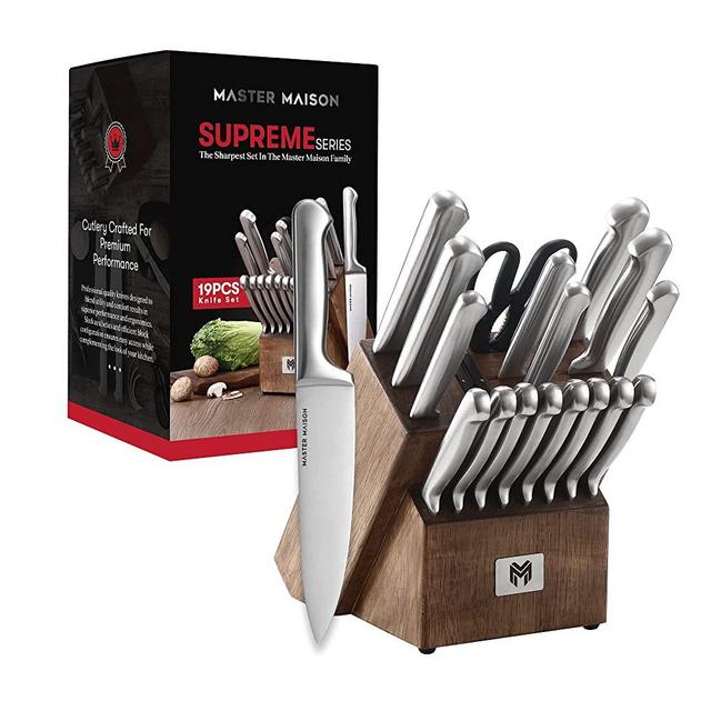 Master Maison 19-Piece Premium Kitchen Knife Set With Wooden Storage Block | German Stainless Steel Knife Block With 8 Steak Knives, Sharpener & All-Purpose Household Shears, Silver