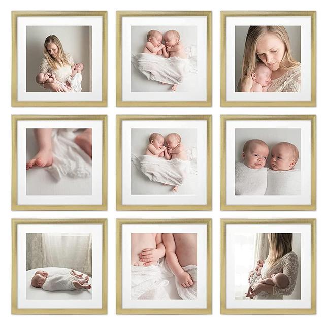Sheffield Home Decor Collection- 9 Piece Picture Frame Set, Gallery Set, 12x12 in, Matted to 8x8 (Gold)