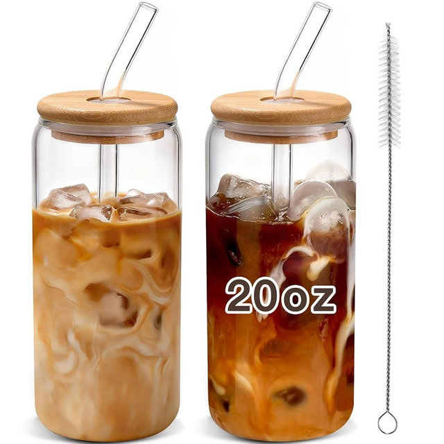 Iced Coffee Cups with Lids 2 pcs: 20 oz Glass Cups with Lids and Straws as Coffee Bar Accessories - Beer Drinking Glasses - Reusable Glass Tumbler,Cute Coffee Cups for Coffee,Juice,Gifts