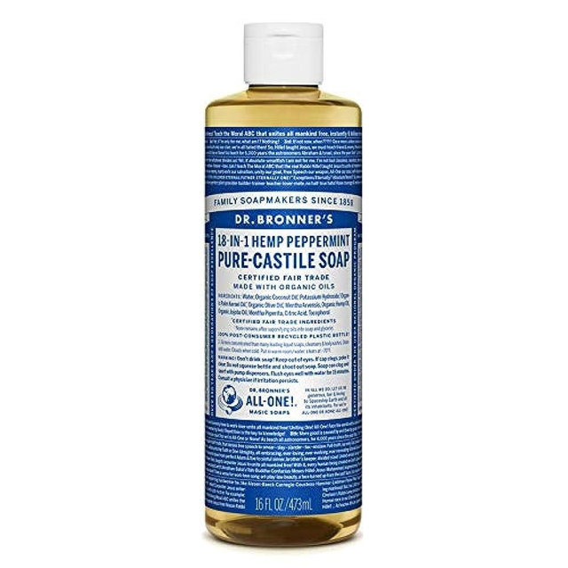 Dr. Bronner's - Pure-Castile Liquid Soap (Peppermint, 16 ounce, 2-Pack) - Made with Organic Oils, 18-in-1 Uses: Face, Body, Hair, Laundry, Pets and Dishes, Concentrated, Vegan, Non-GMO