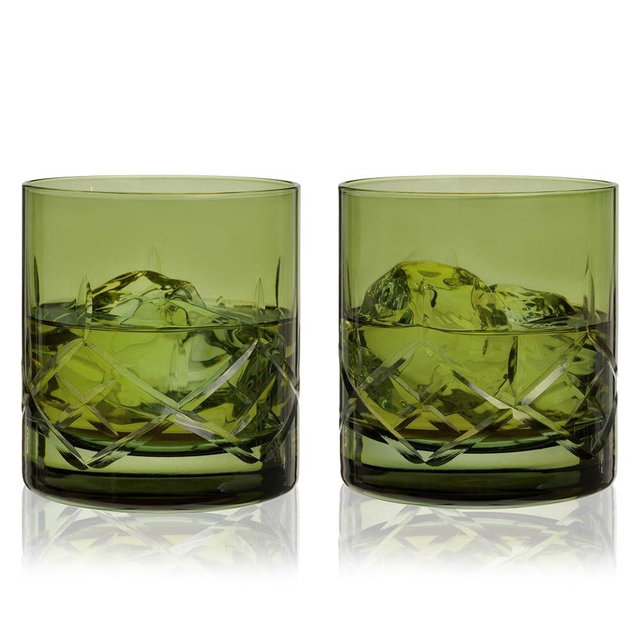 Viski Admiral Rocks Glasses in Green, Crystal Spirit Glasses - Old Fashioned Drinking Gifts for Men and Women, 11.5oz Set of 2