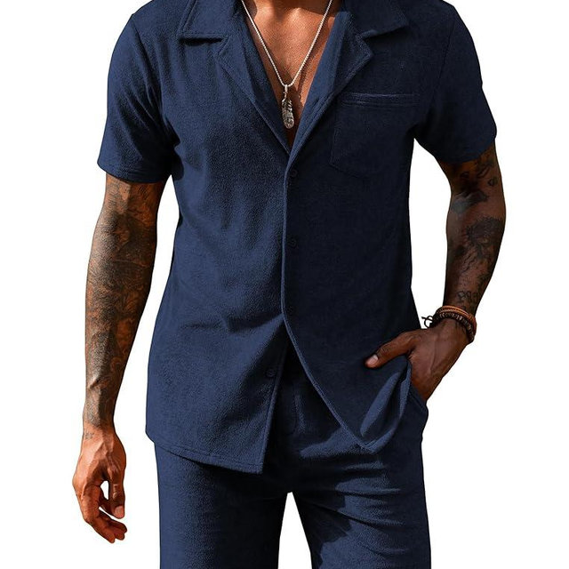 URRU Mens Short Sets 2 Piece Outfits Summer Beach Terry Short Sleeve Button Down Shirt and Shorts Set