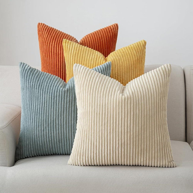 Volcanics Set of 4 Orange Teal Corduroy Decorative Couch Throw Pillow Covers 18x18 Inch, Western Modern Farmhouse Striped Cushion Cases, Soft Boho Square Accent Pillow Covers for Home Sofa