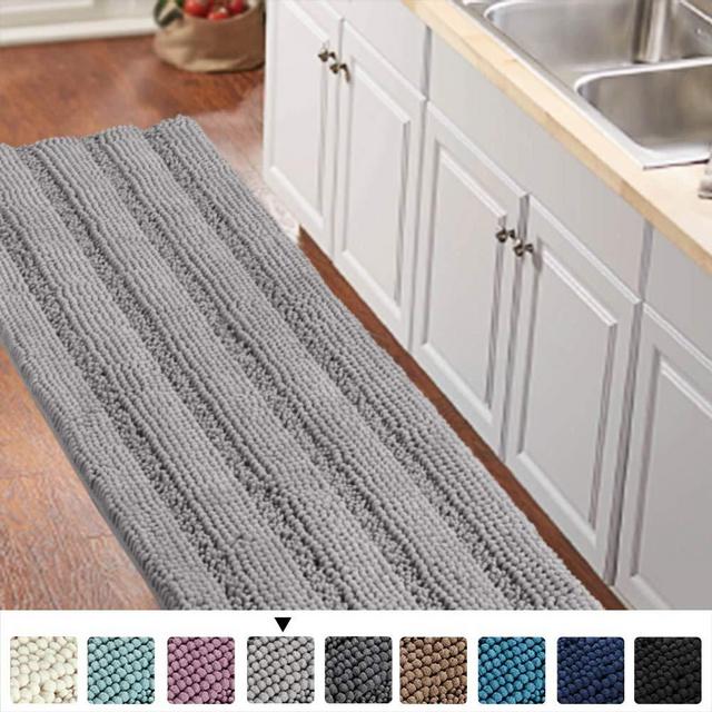 Gray Kitchen Runner Chenille Shag Area Rug Non Slip Backing for Kitchen Floor Runner Rug with Water Absorbent Bath Room Mat for Kitchen/Tub/Living Room, 59" X 20", Dove Gray, Striped Pattern