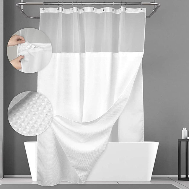 Long Waffle Weave Shower Curtain with Snap-in Fabric Liner and 12 Hooks Set - 71" x 78", Hotel Style & Mesh Top Window, Machine Washable, Water Repellent - 71x78, White