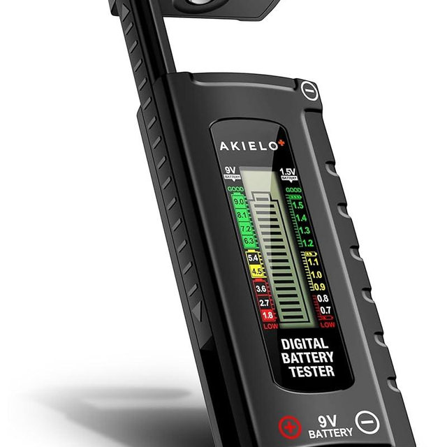 AKIELO+ Digital Battery Tester – Easy Read LCD Display – No Battery Required – Universal Household Battery Checker for Size AA AAA C D 9V 1.5 Cell (Batteries Not Included)