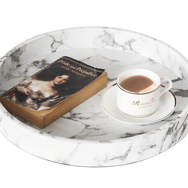 HofferRuffer PU Leather Round Serving Tray, Decorative Serving Tray, Coffee Tray, Ottoman Tray for Home Or Office, Diameter 14.6-inch, Top Nocth Marble White Faux Leather
