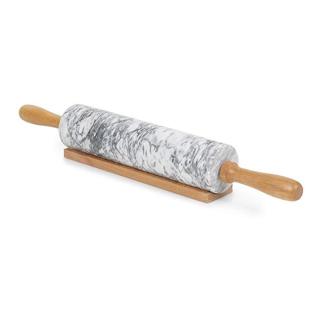 Homiu Marble Rolling Pin for Baking with Wooden Stand 46.5 X 6 X 6 Centimetres Easy Clean Hard-Wearing Speckle Finish Non-stick White