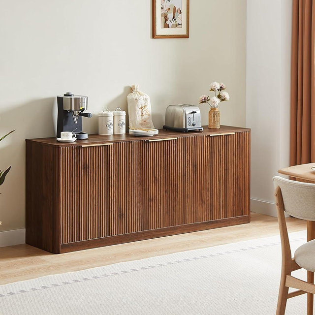 Evermagin 67" Walnut Fluted Sideboard Buffet Cabinet with Storage, Large Buffet Cabinet with 6 Doors, Wood Mid Century Modern Sideboard for Kitchen and Living Room