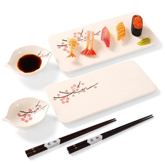 Japanese sushi plate set , 10-inch rectangle ceramic sushi dishes, sushi set with 2 japanese dishes and 2 dipping dishes and 2 pairs of chopsticks, sushi serving set for 2