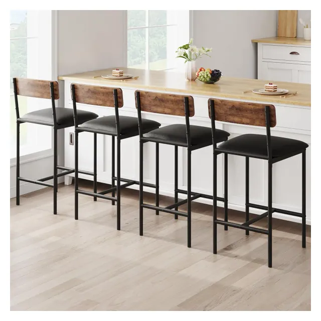 Bar Stools Set of 4, Kitchen Bar Stools with Footrest, PU Upholstered Counter Height Barstools, Bar Chairs with Back for Kitchen Island,Rustic Brown