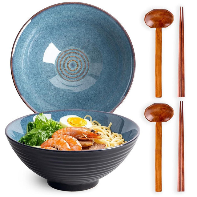 Tacuhy 40oz Japanese Ceramic Ramen Bowl Set of 2 with Chopsticks and Spoons for Pho Udon Asian Soup Noodles (Blue Glaze)