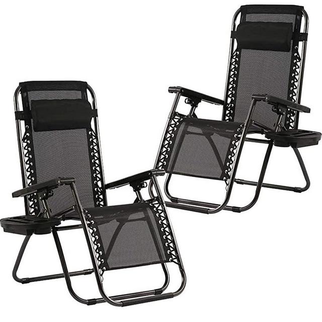 Zero Gravity Chairs Case of (2) Black Lounge Patio Chairs Outdoor Yard Beach with Cup Holders (Black)