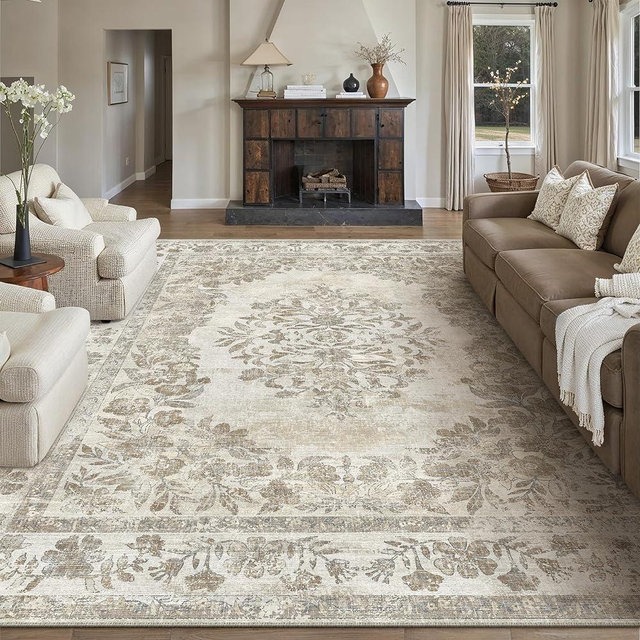 PureCozy 9x12 Area Rug Beige Washable Vintage Distressed Living Room Carpet Large Bedroom Indoor Medallion Floral Non Slip Retro Throw Floor Mat for Office Dining Room Kitchen Bathroom