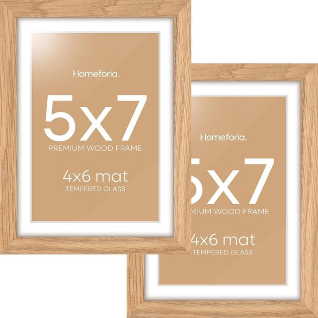 Homeforia 5x7 Picture Frame Wood, High End Natural Oak 5x7 Light Wooden Frames with Mat 4x6 for Photo, 5 x 7 Frame Matted to 4 x 6 Print, 7x5 Wall or Tabletop Frame, Tempered Glass, Wall Kit, Set of 2
