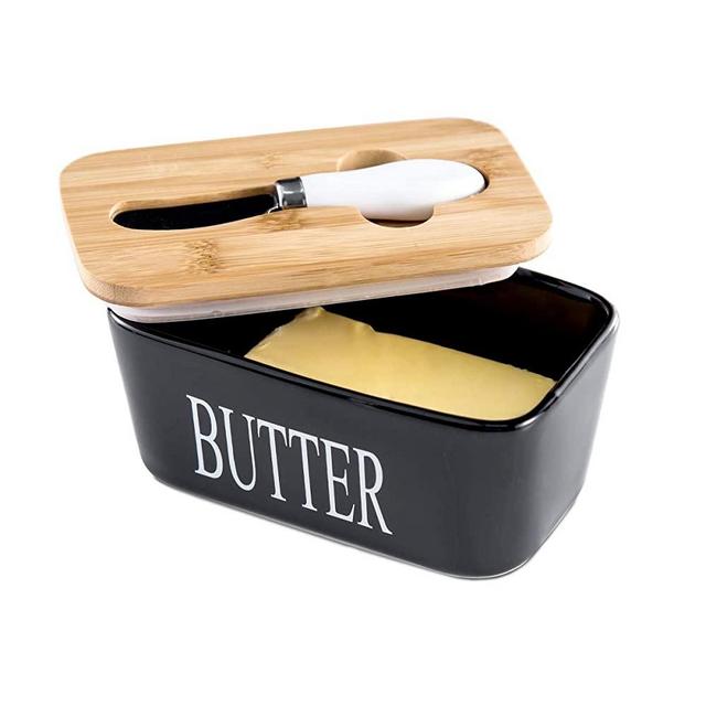 Hasense Porcelain Butter Dish with Wooden Lid - Covered Butter Keeper with Butter Knife for Countertop, Airtight Butter Container with Cover, Black