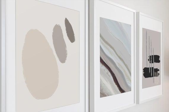 Abstract Natural Tones Print (Set of 3) | Mid Century Modern Wall Art | Framed 13x16