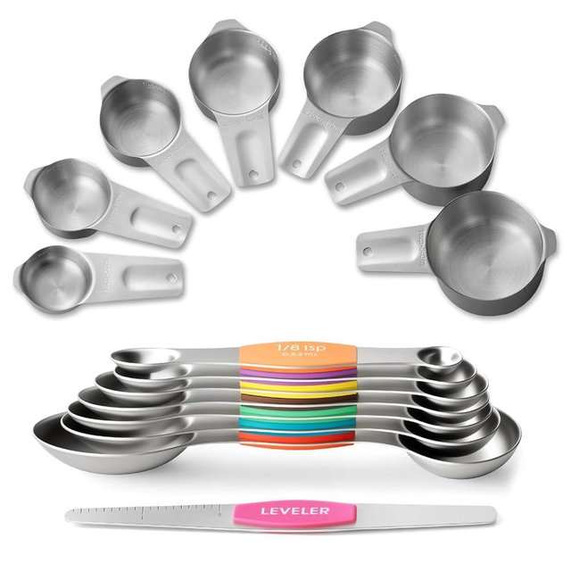 Stainless Steel Measuring Cups & Spoons Set, EWFEN Kitchen Tools Nesting Measuring Cups and Spoons, Fits in Spice Jars for Baking & Cooking, BPA Free, Set of 15 with Leveler, Multicolor