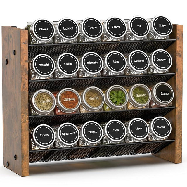 NESAPTO Spice Rack Organizer for Cabinet, Wood 4-Tier Vertical Seasoning Organizer, Wall Mount or Countertop Spice Shelf, Holds 24 Jars (No Jars Included), 12.2" W x 9.4" H