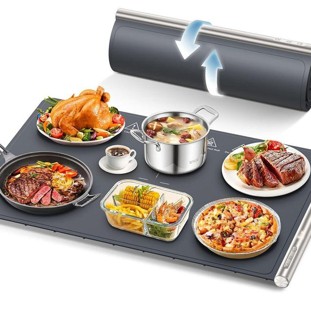 Gasbye Food Warming Mat, 10s Fast Full-Surface Heating Warming Tray, Raised Feet Protect Countertop, 3 Temperature Levels, 4-Hour Timer, Portable Design for Party Buffet Home Use, Blue