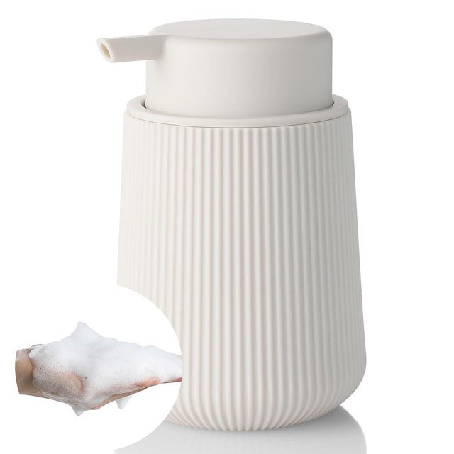 YAUKPH Striped Foaming Hand Soap Dispenser with Leak-Proof Pump for Bathroom and Kitchen Countertop 11oz Beige