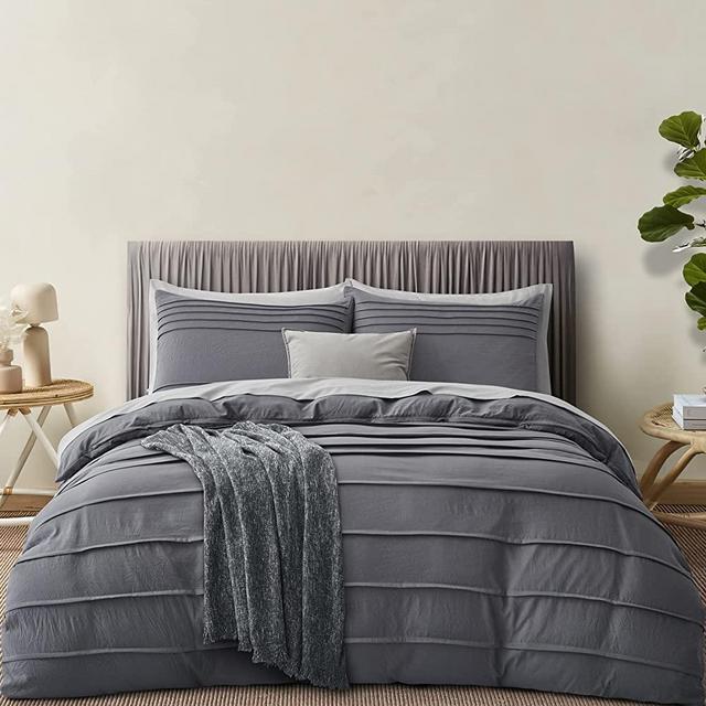 Oli Anderson Grey Duvet Cover King Size - Pleated King Duvet Cover, 3PCS Soft and Breathable Textured Bedding Set with Zipper Closure(Grey,104"x90")