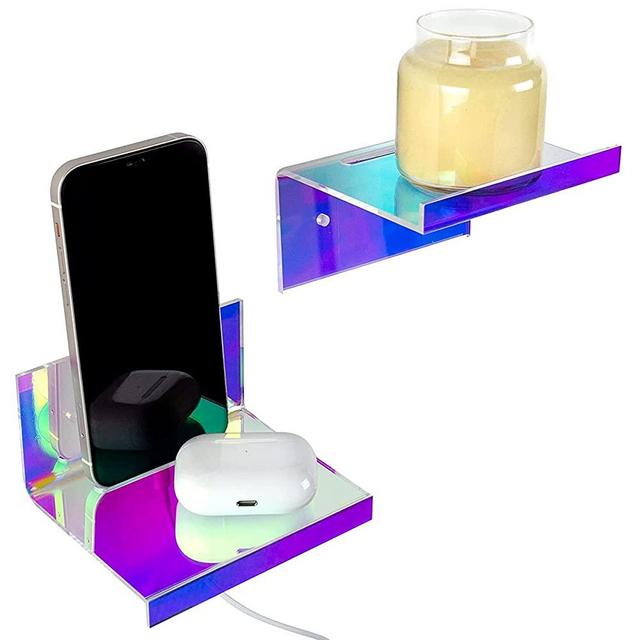 BRBR Store Floating Multi-Use Acrylic Wall Shelf Set | Pack of 2 | 4" x 3" Iridescent Wall Mounted Floating Acrylic Shelves with Ledge and Hole for Photo Display, Phone Charging, and More
