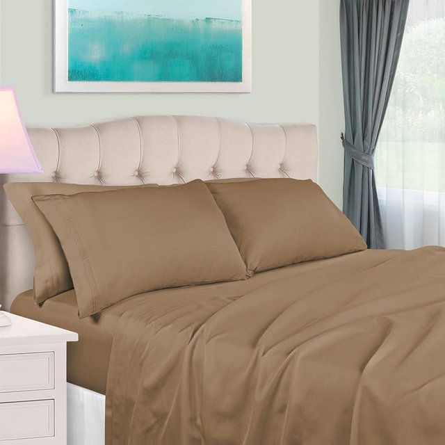 Superior Egyptian Cotton 4 Piece Sheet Set, 650 Thread Count, Eco-Friendly, Sustainable Sheets, Ultra-Soft Basics, Solid, Deep Pocket Fitted Sheet, Flat Sheet, Pillowcases, California King, Taupe