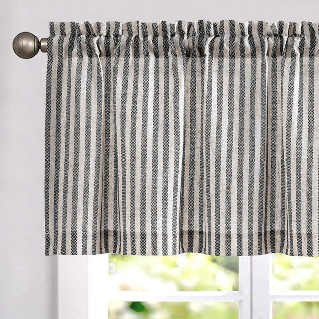 jinchan Valance Curtain Linen Textured Striped Window Curtain for Living Room Light Filtering Ticking Stripe Farmhouse Valance for Kitchen Rod Pocket 1 Panel 16 Inch Charcoal Grey on Beige 1 Panel